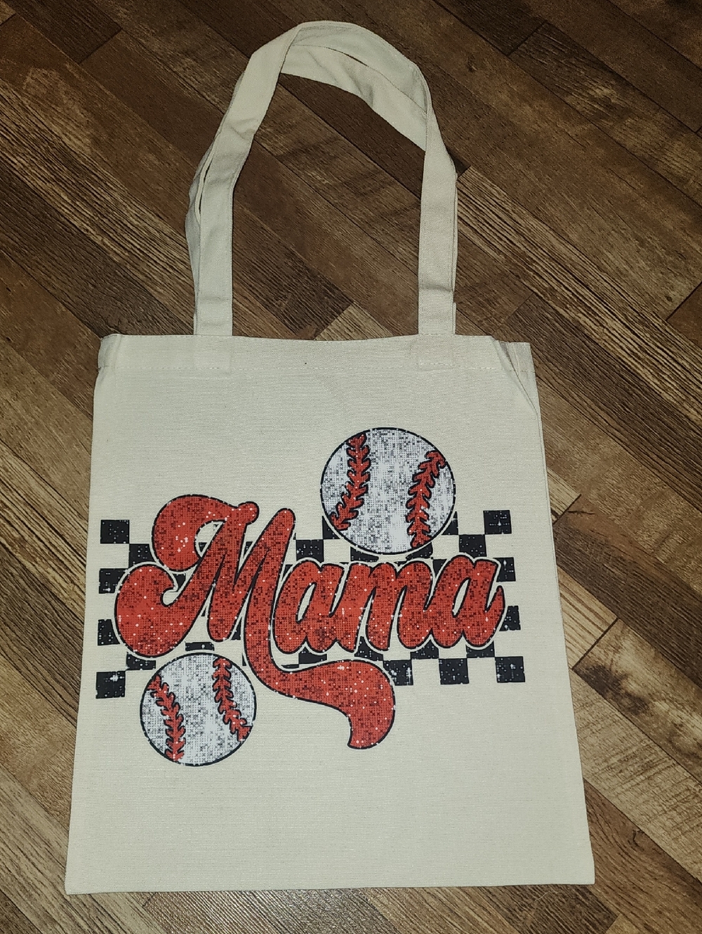 Mama Baseball Graphic Canvas Tote in Cream & Red. 13x15